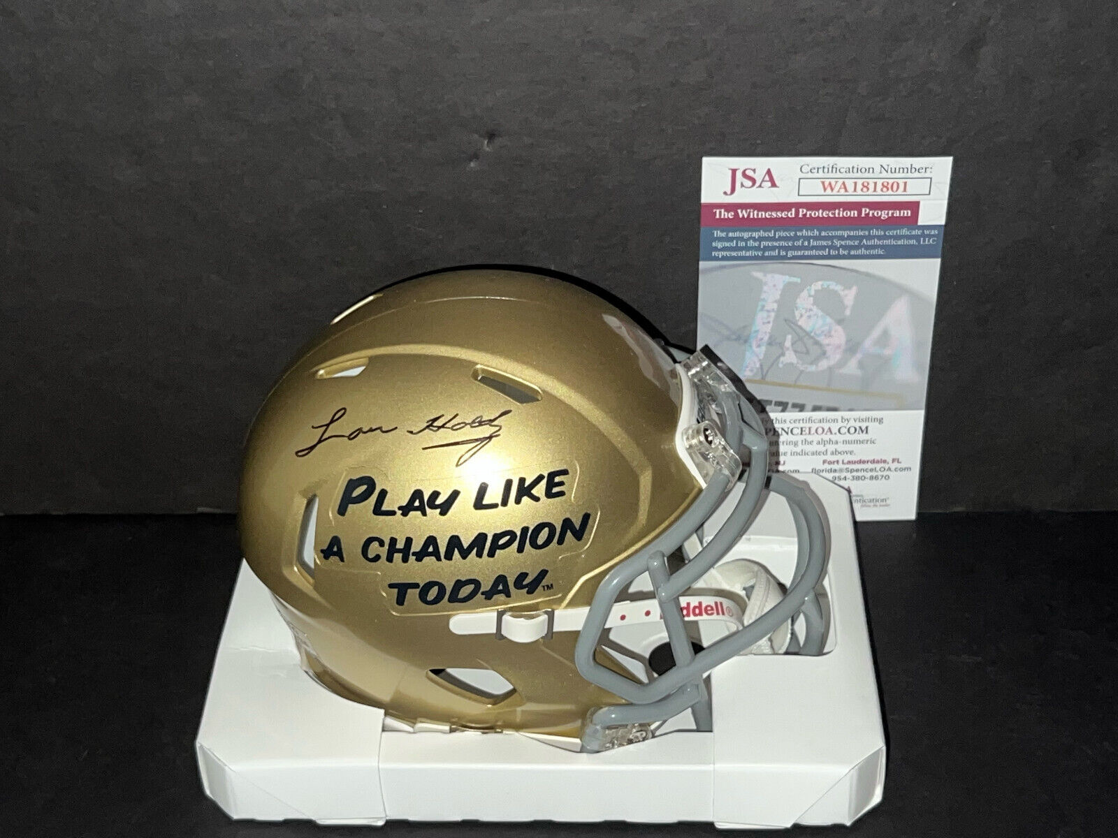 Lou Holtz Notre Dame Auto Signed Play Like a Champion Today Mini Helmet JSA COA