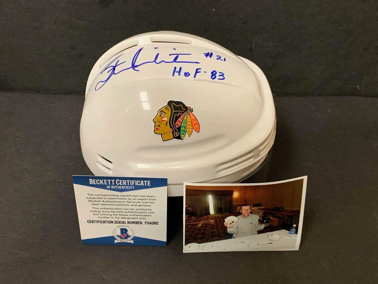 Stan Mikita Blackhawks Autographed Signed Mini Helmet BECKETT COA HOF 83 White