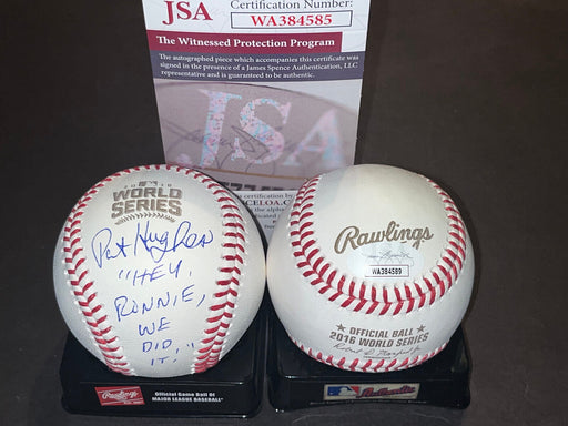 Pat Hughes Cubs Auto Signed 2016 World Series Baseball JSA Hey Ronnie We Did It