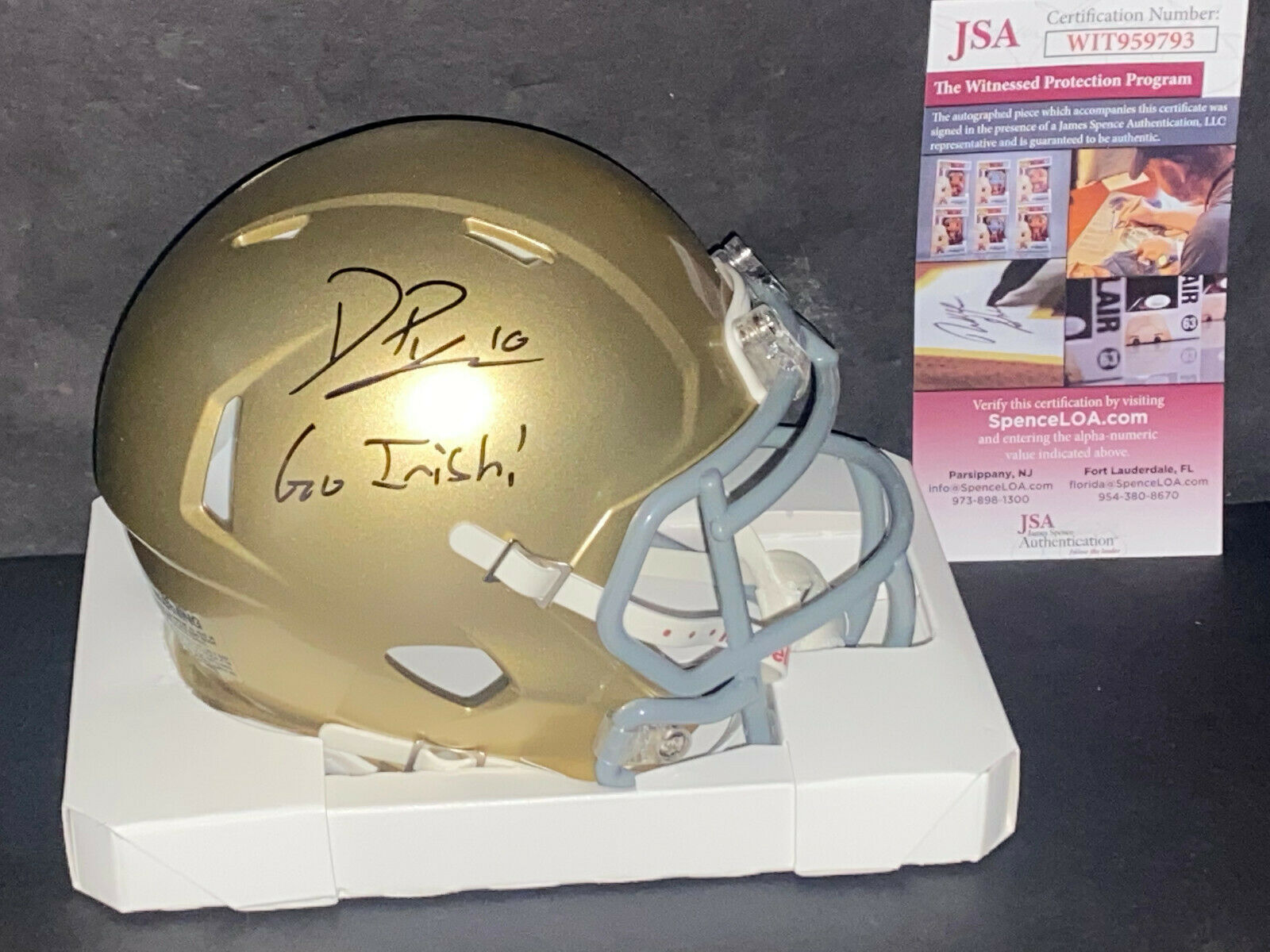 Drew Pyne Notre Dame Auto Signed Riddell Mini Helmet JSA COA