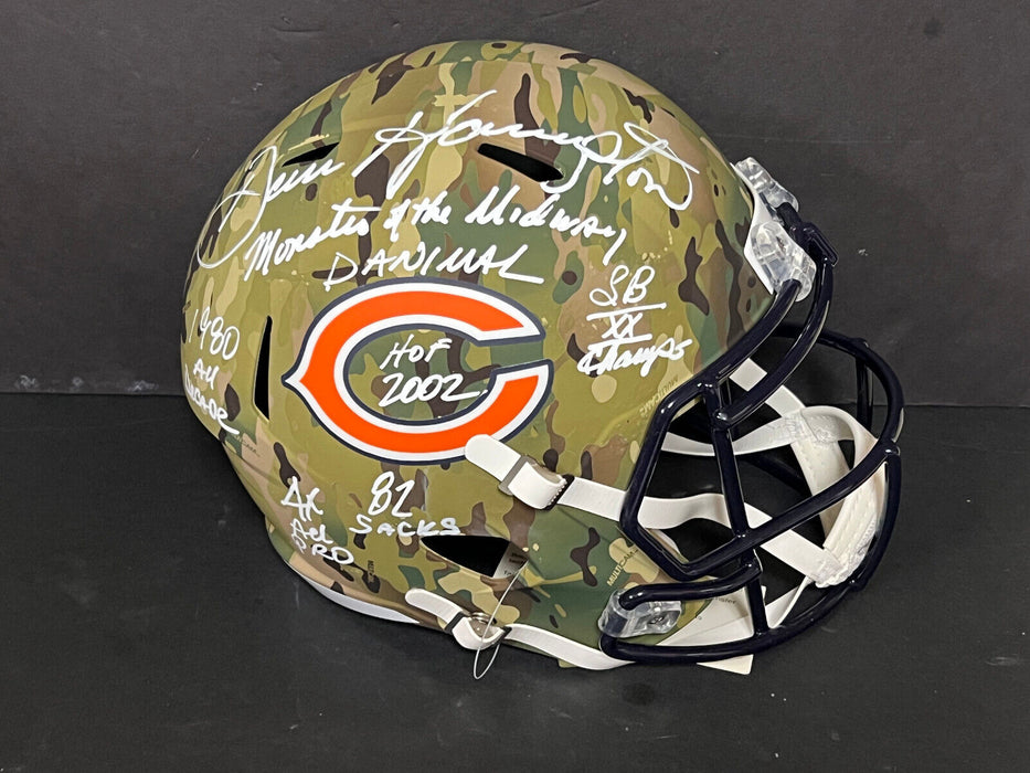 Dan Hampton Bears Signed Camo Full Size Helmet Beckett 7 Inscriptions