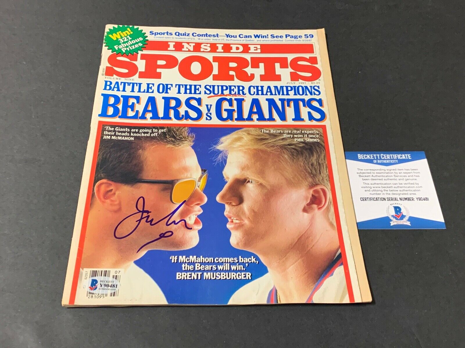 Jim McMahon Chicago Bears Autographed Signed Inside Sports Magazine Beckett COA