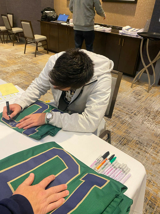 Drew Pyne Notre Dame Irish Auto Signed Green Jersey JSA COA Play Like a Champion