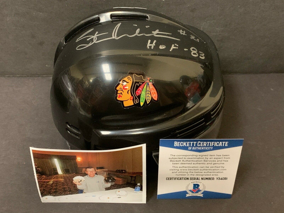 Stan Mikita Blackhawks Autographed Signed Mini Helmet BECKETT COA HOF 83 Black