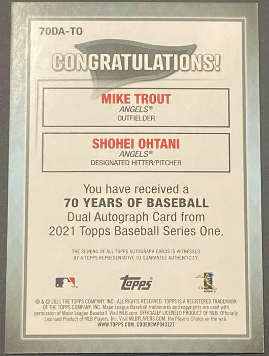 Mike Trout Shohei Ohtani Angels 2021 Topps 70 Years of Baseball Dual Auto 3/5