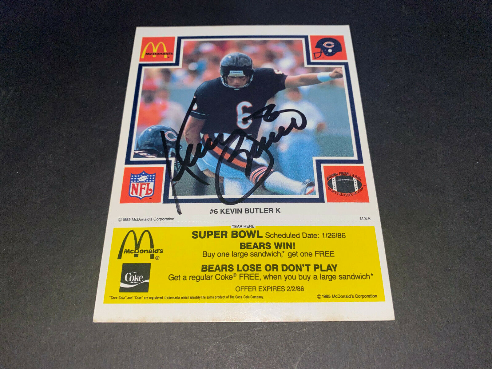 Kevin Butler Chicago Bears Auto SIGNED 1985 McDonalds Card Super Bowl XX