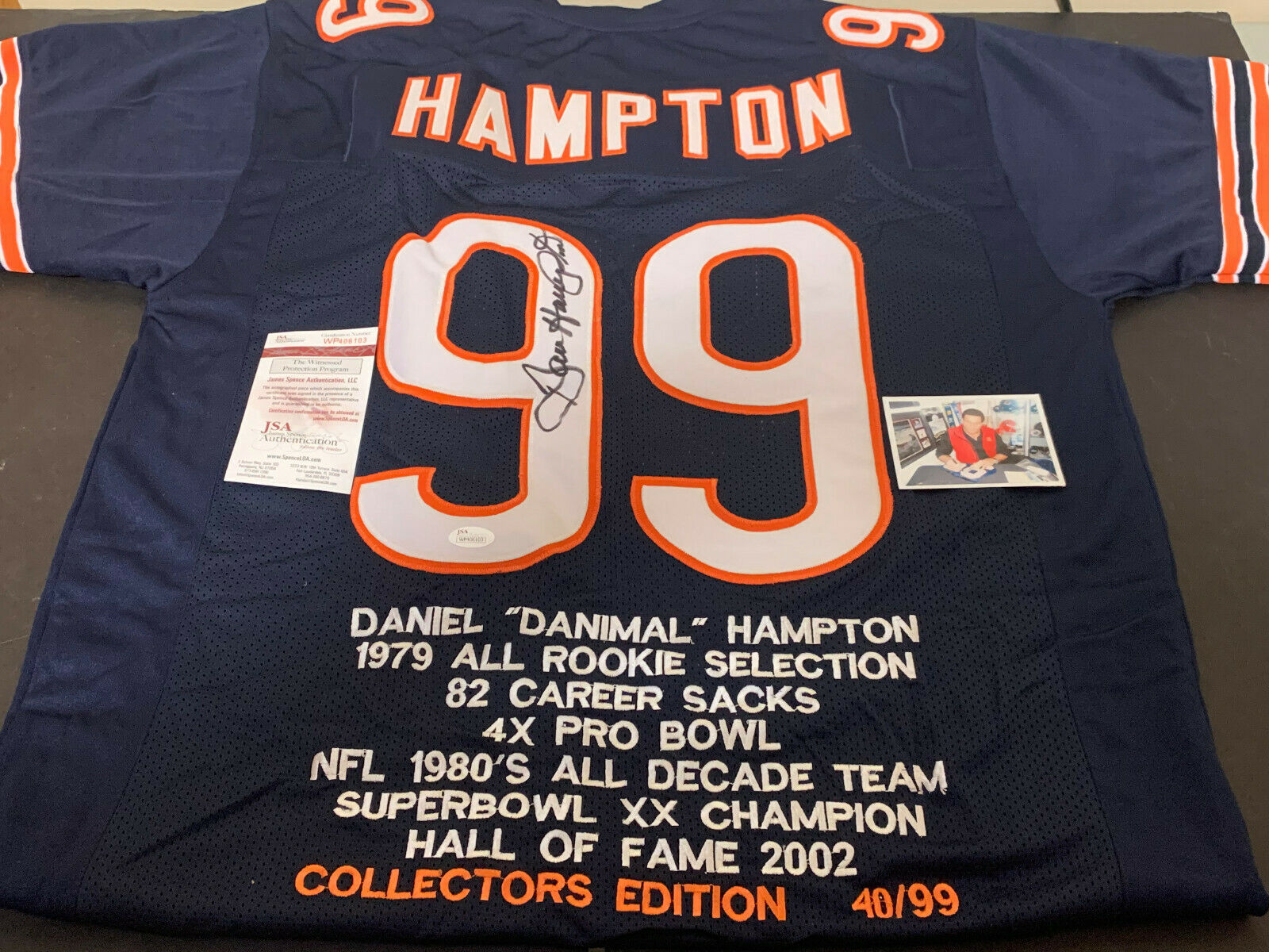 Dan Hampton Autographed Signed Blue Jersey 6 Embroidered Stats Very Unique 1 JSA